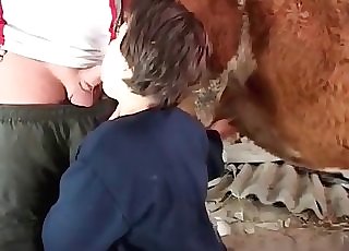 Woman with dark hair is giving a BJ to a farm animal